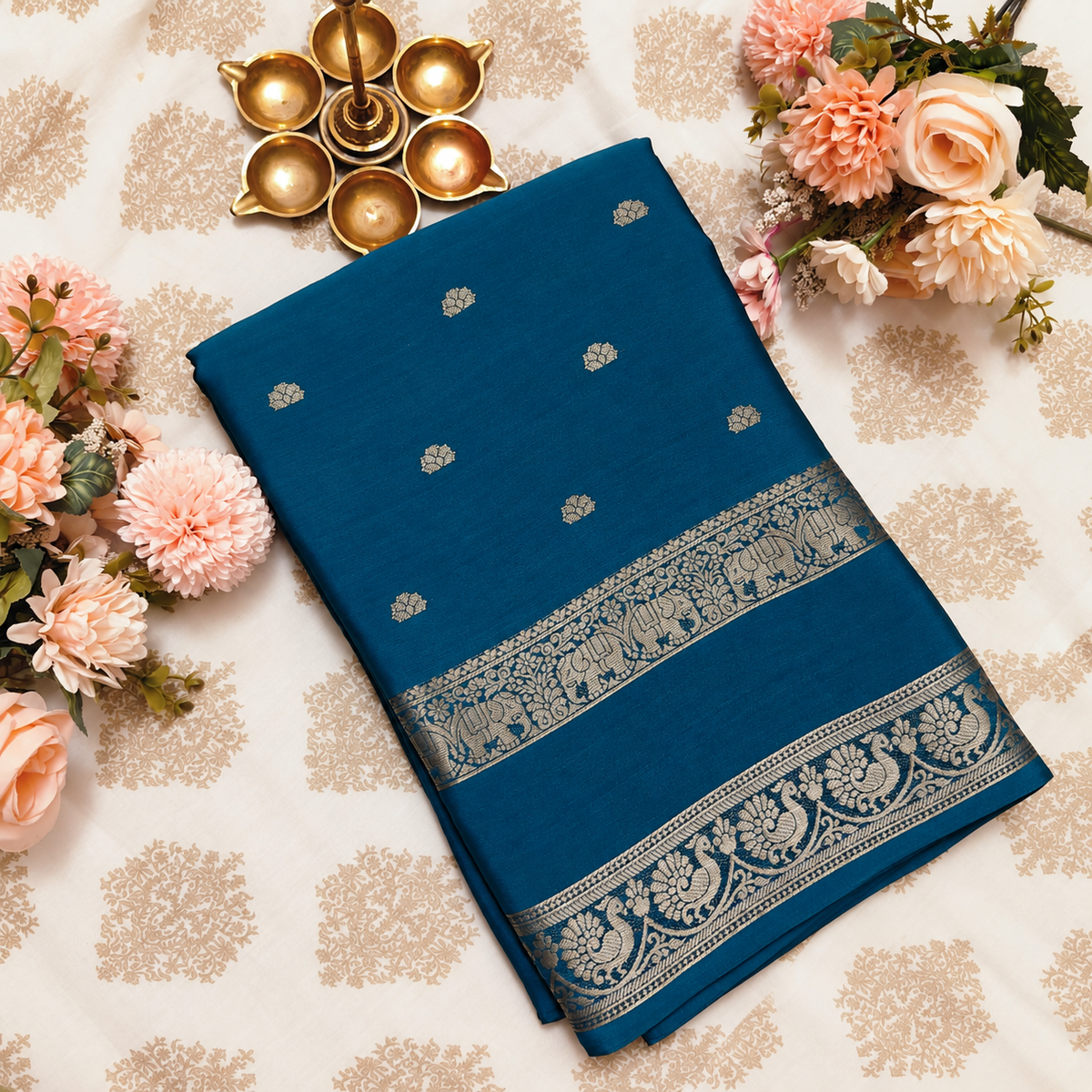 Teal Blue Saree with Silver Floral Motifs & Zari Border