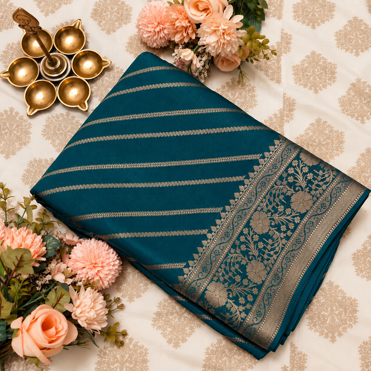 Teal Blue Saree with Silver Zari Border