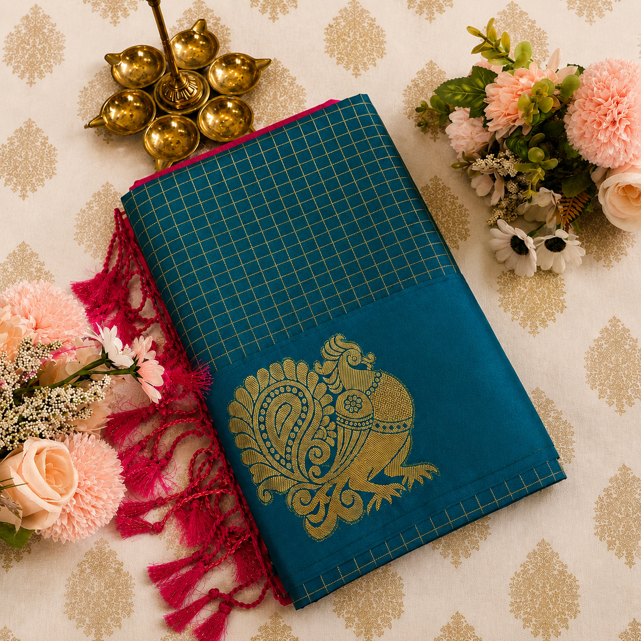 Teal Blue Semi Silk Saree with Gold Peacock Motif & Pink Tassels