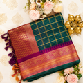 Teal Green Checked Saree with Magenta Zari Border & Rich Pallu