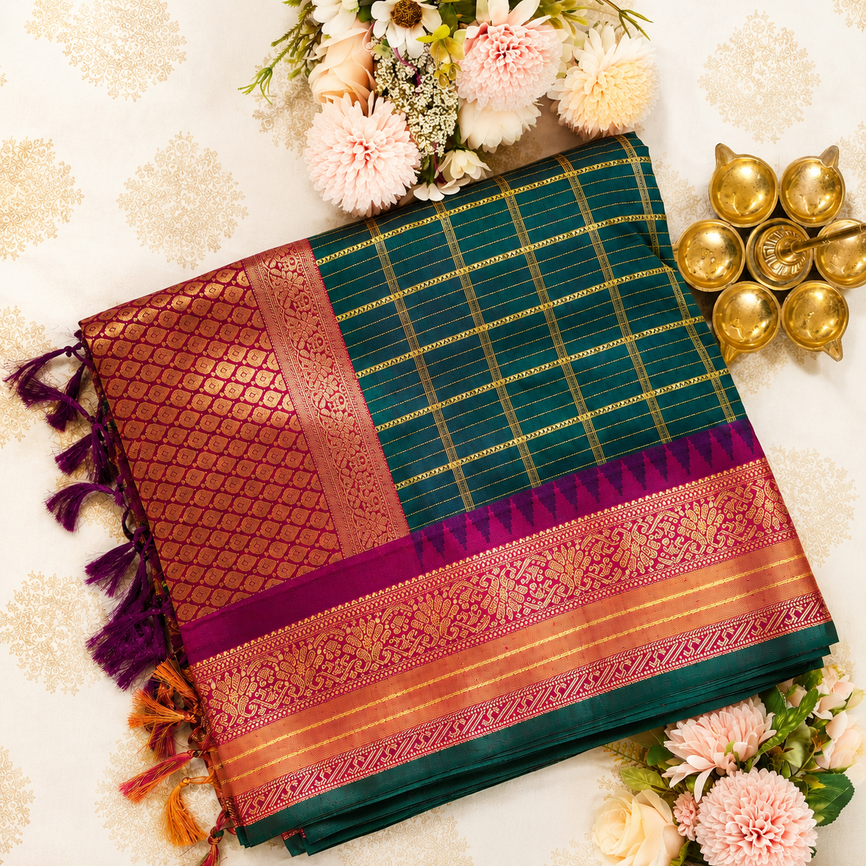 Teal Green Checked Saree with Magenta Zari Border & Rich Pallu
