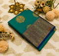 Teal Green Silk Saree with Royal Blue & Gold Zari Border