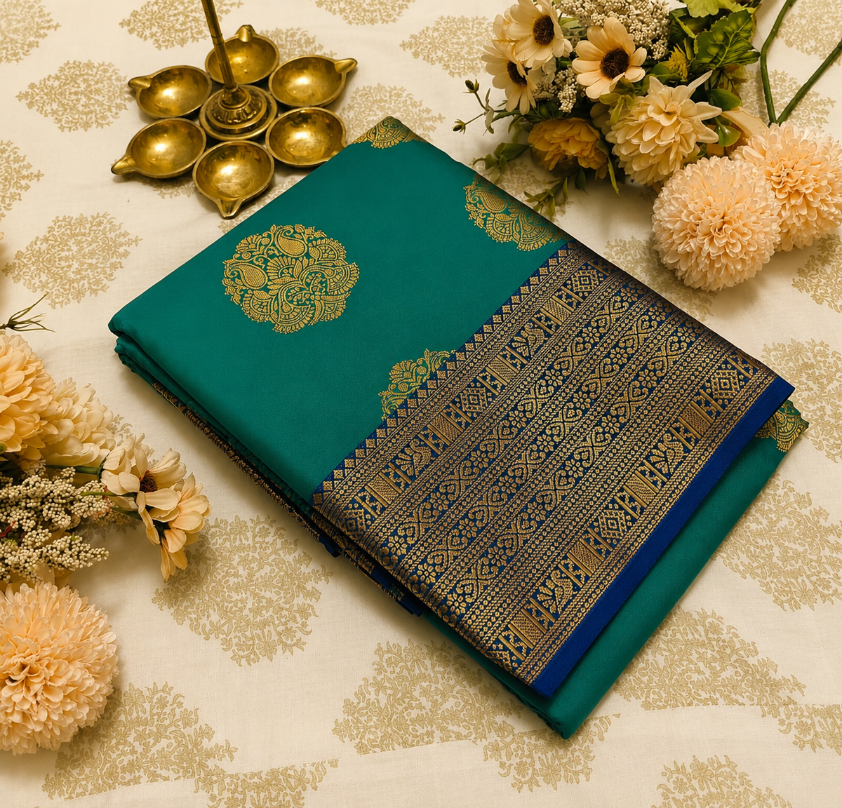 Teal Green Silk Saree with Royal Blue & Gold Zari Border