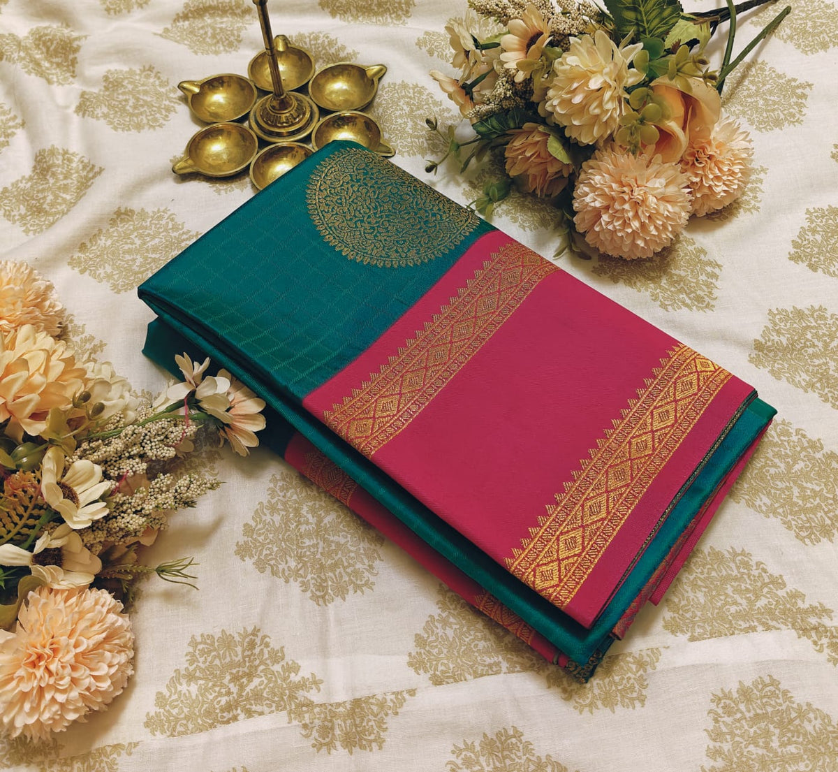 Teal Green & Pink Saree with Gold Zari Border