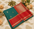 Teal Green & Red Zari Silk Saree