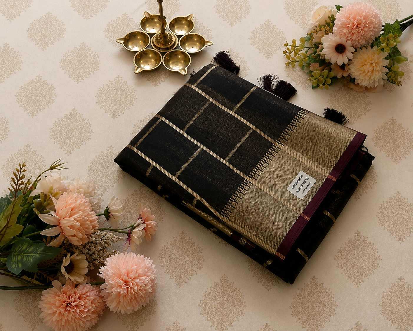 Dark Brown Tissue Silk Saree with Gold Checks and Rich Zari Pallu