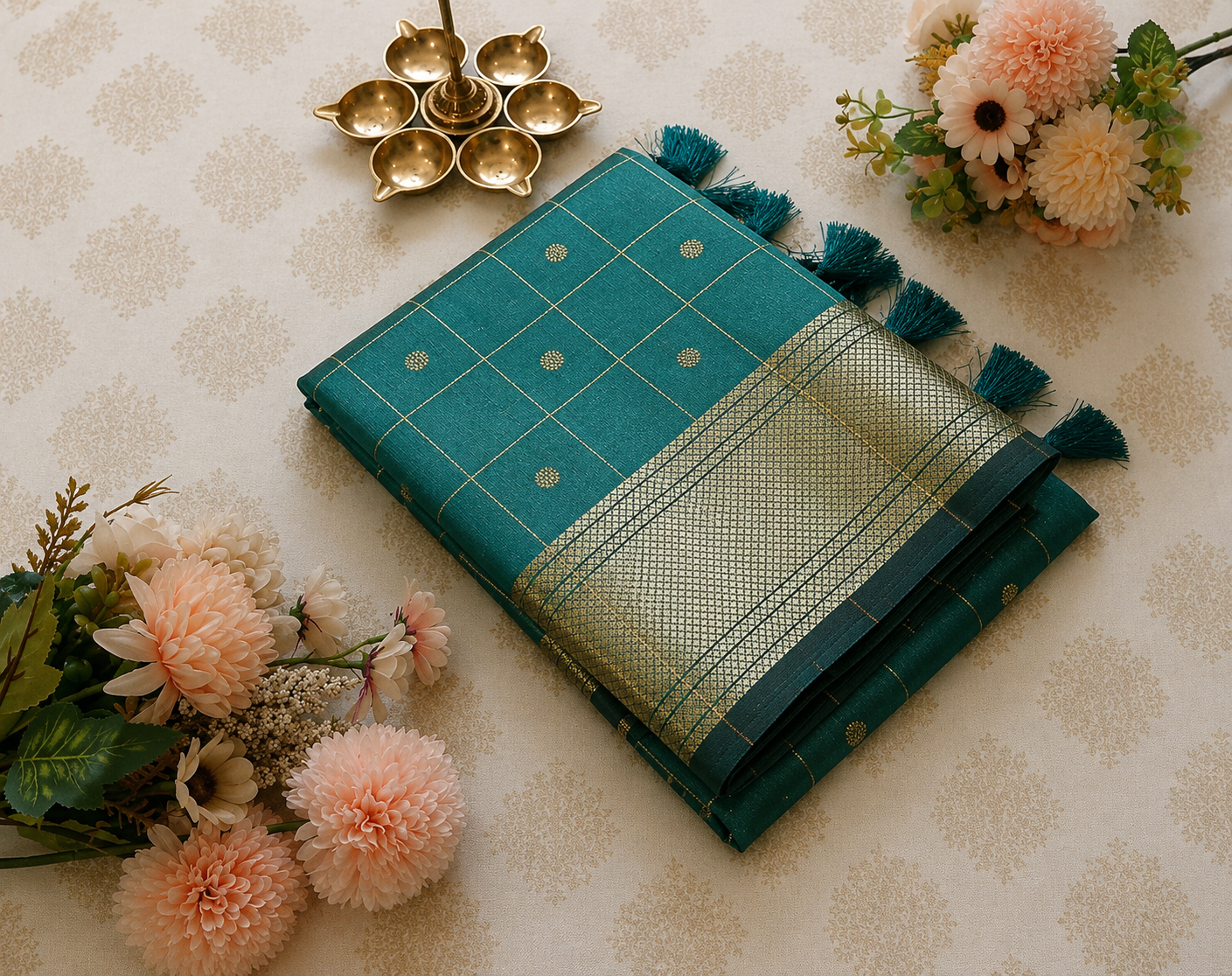 Peacock Blue Tissue Silk Saree with Gold Checks and Grand Zari Pallu