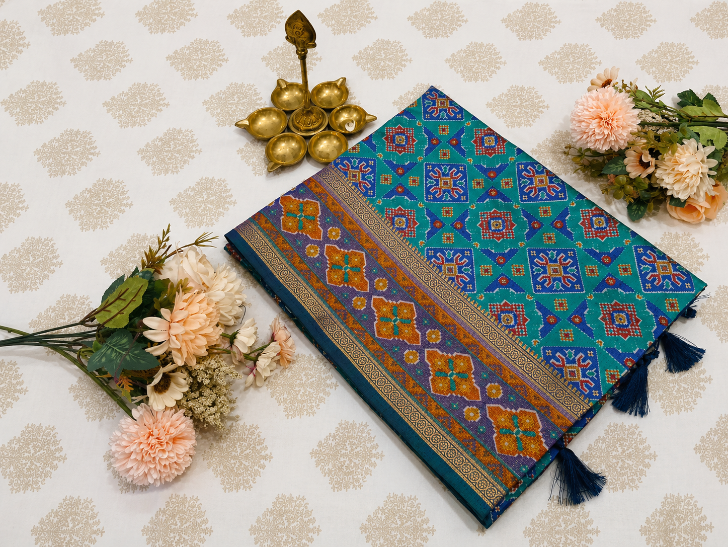 Turquoise Blue Pochampally with Traditional Ikat Motifs