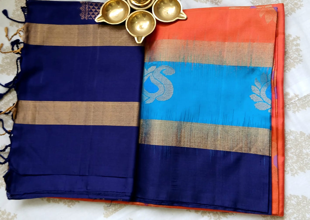 Saffron Orange & Ink Blue Soft Silk Saree