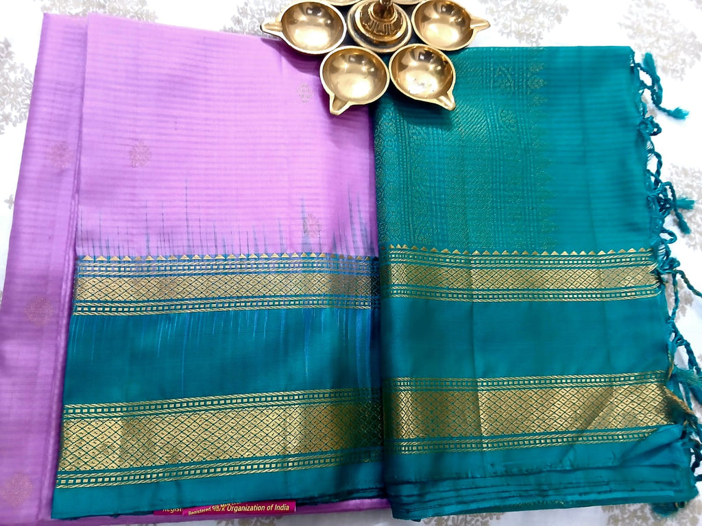 Lavender Pink & Peacock Blue Soft Silk Saree