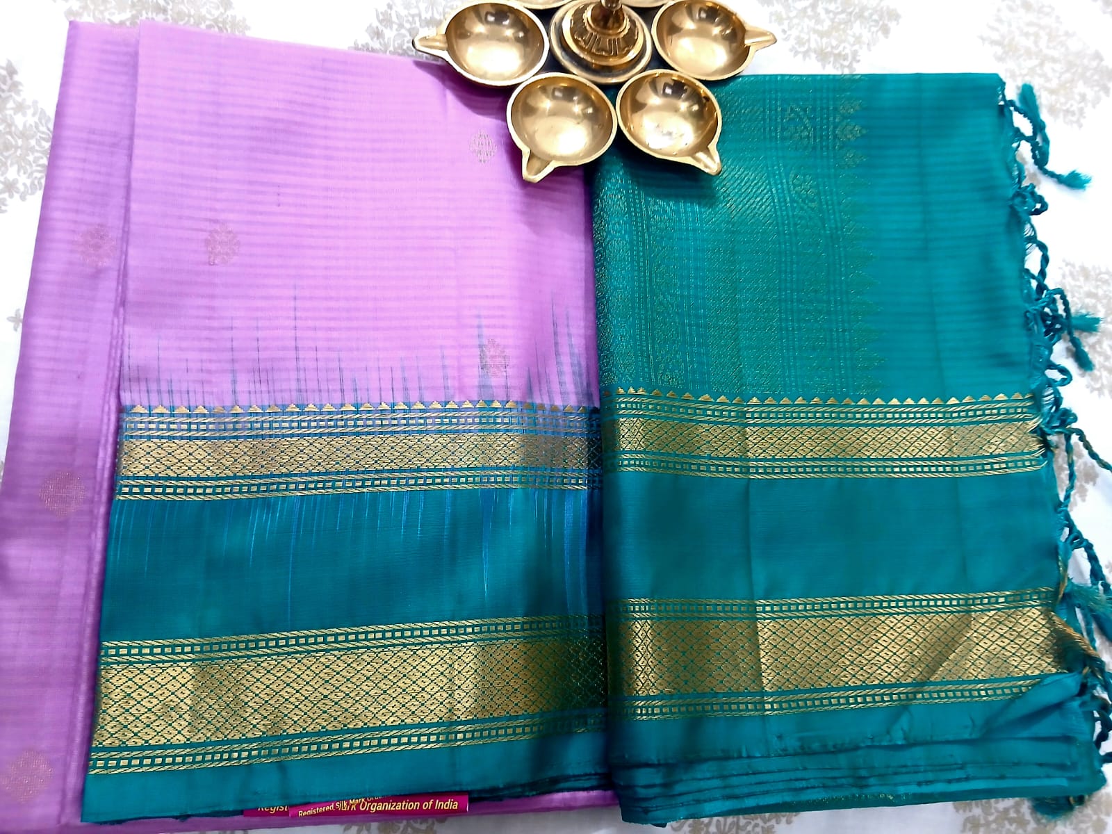 Lavender Pink & Peacock Blue Soft Silk Saree