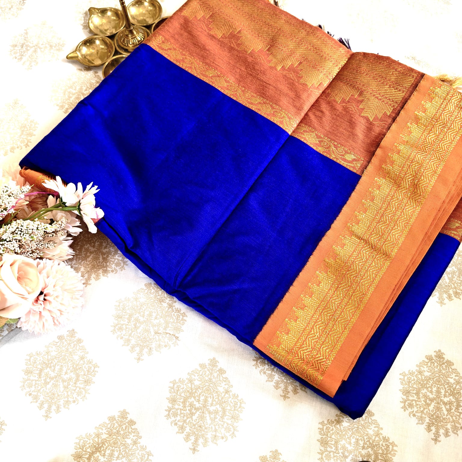 Royal Blue Semi Silk Saree with Antique Gold Zari Border