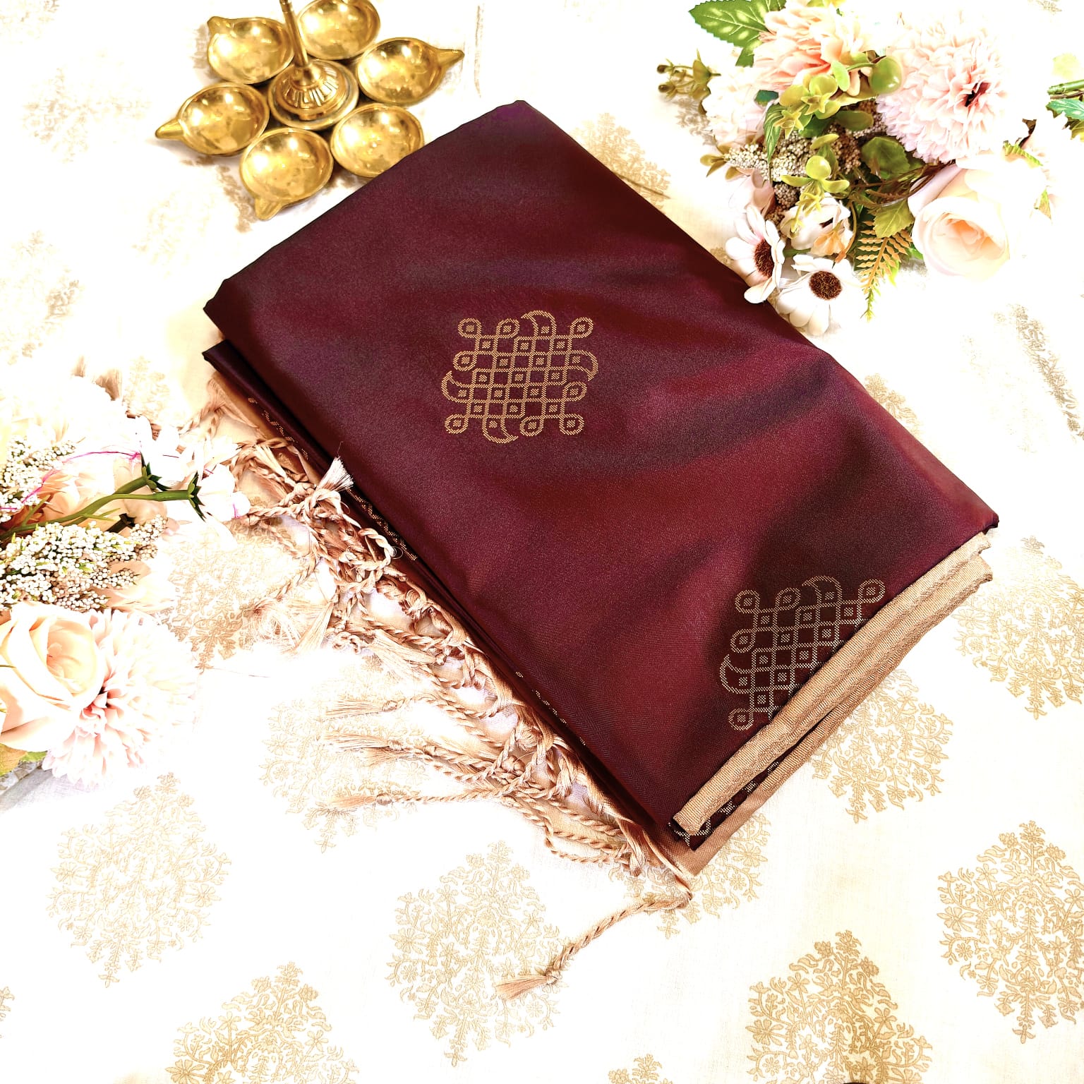Coffee Brown Semi Silk Saree with Elegant Kolam Buttas