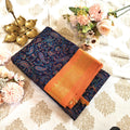 Navy Blue Paisley Print Saree with Peach Gold Zari Border