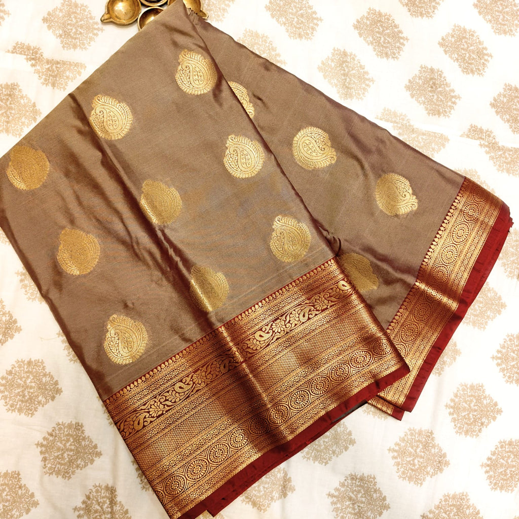 Grey Semi Silk Saree with Rich Magenta Zari Border
