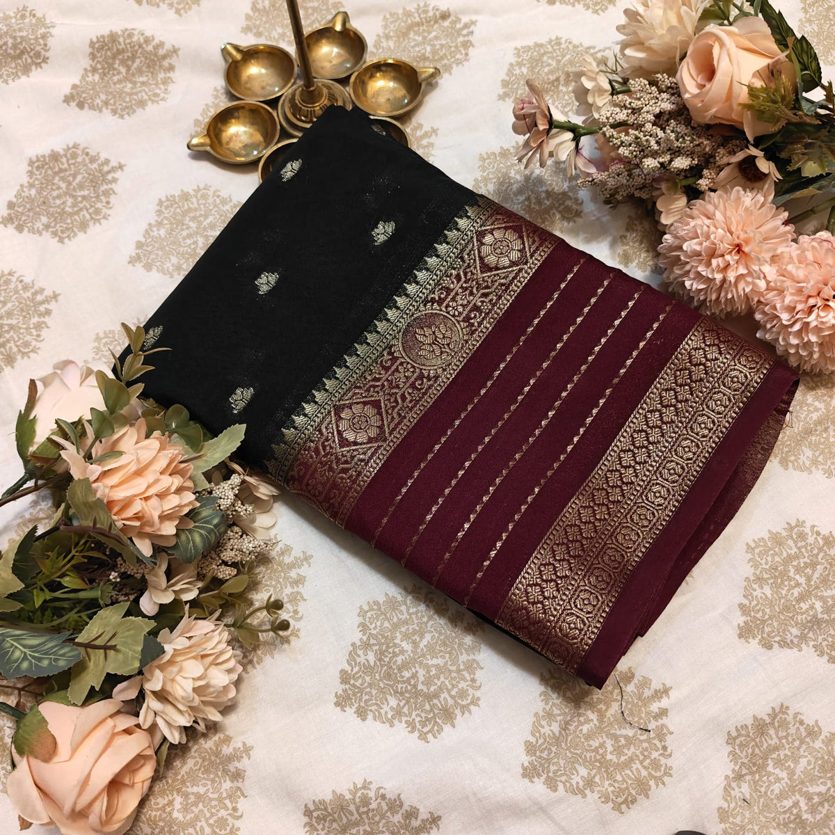 Black & Wine Crepe Saree