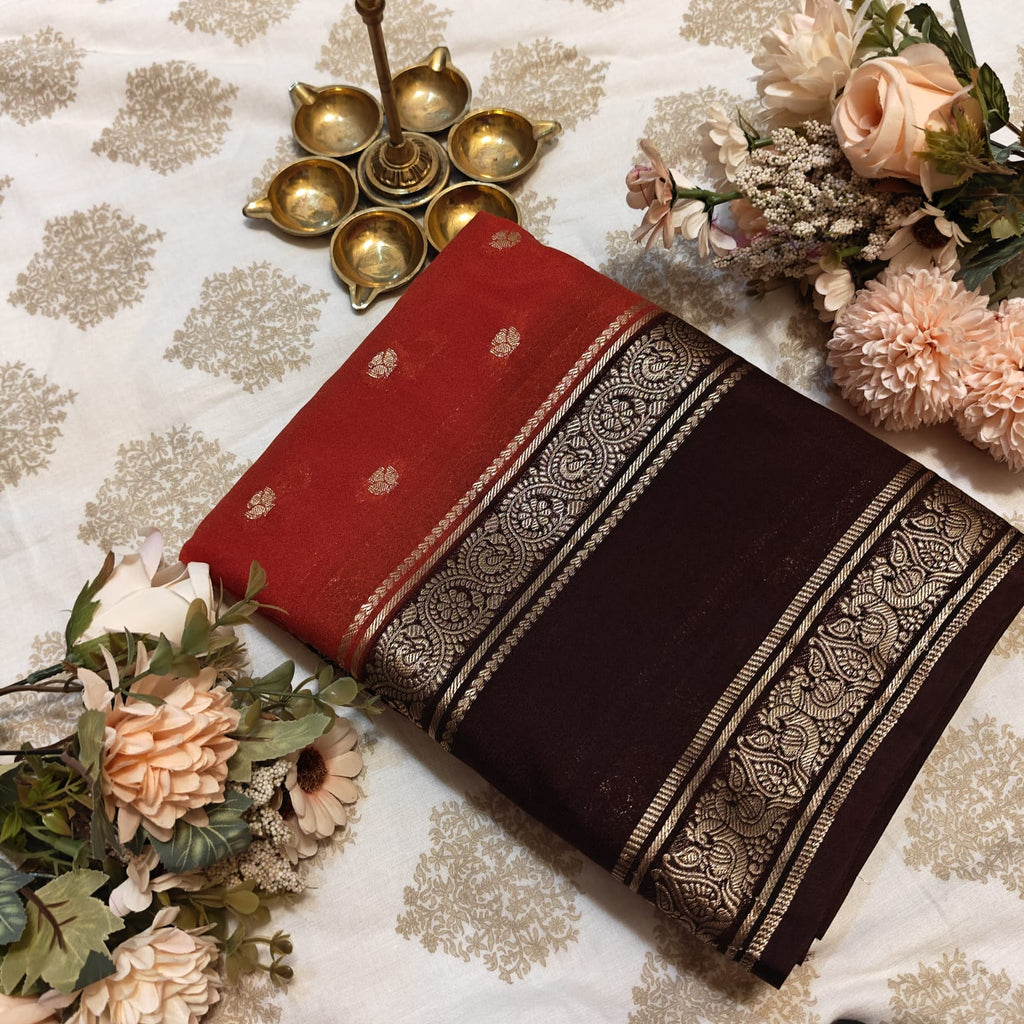 Rust Orange & Deep Brown Zari Saree