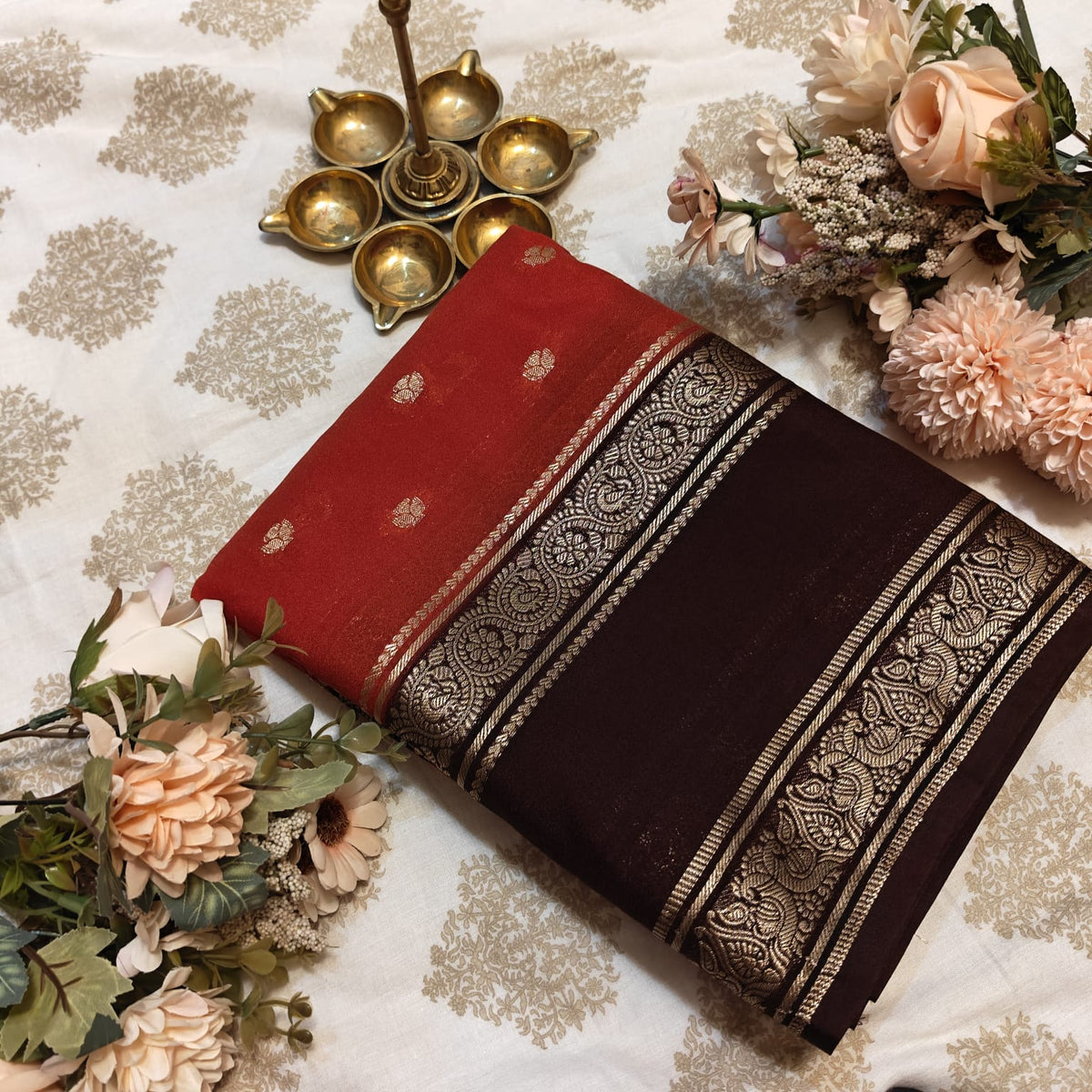 Rust Orange & Deep Brown Zari Saree