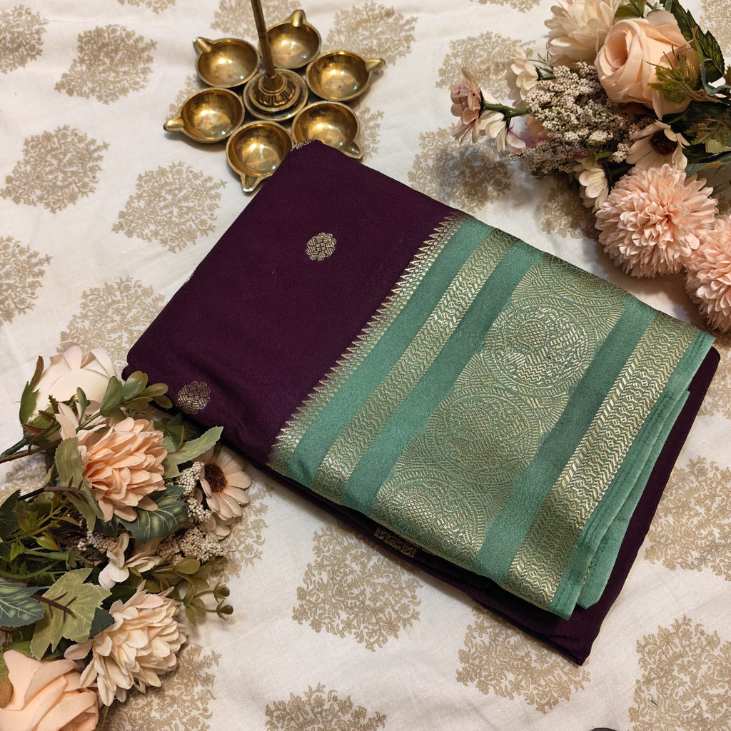 Deep Wine & Light Pastel Green Crepe Saree