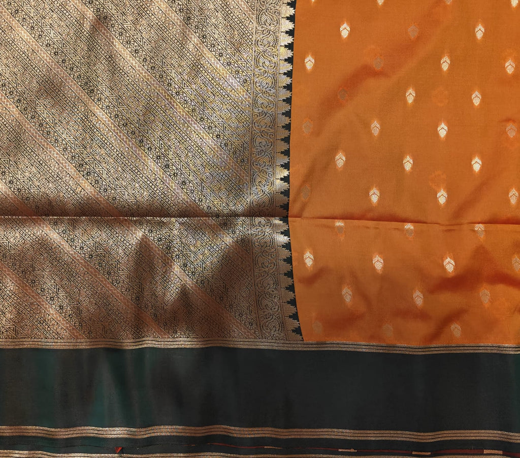 Semi Silk Saree with Gold Buttas & Contrast Green Border