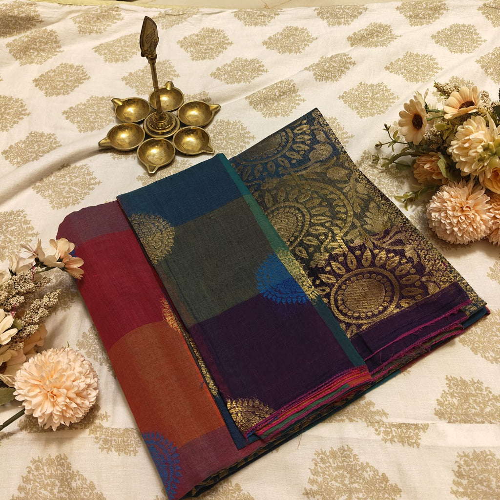 Multicolour Cotton Saree with Contrast Woven Motifs