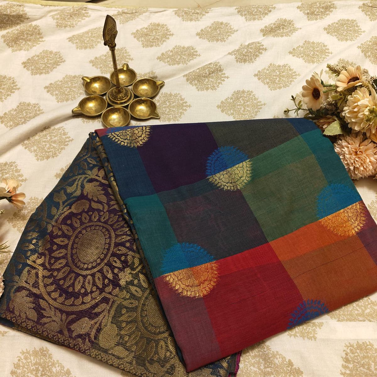 Multicolour Cotton Saree with Contrast Woven Motifs
