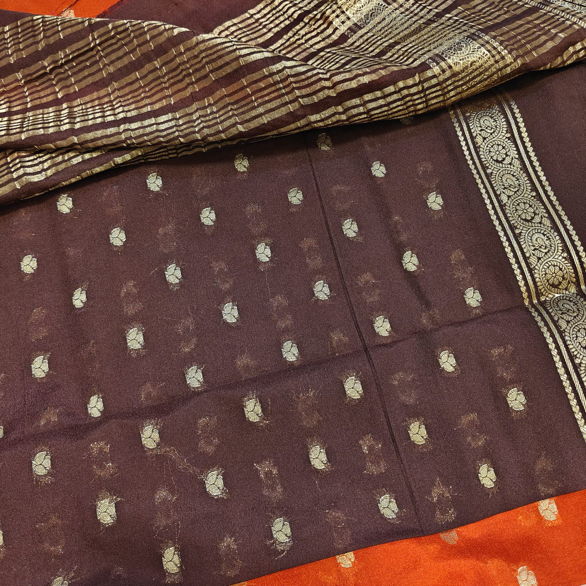Rust Orange & Deep Brown Zari Saree
