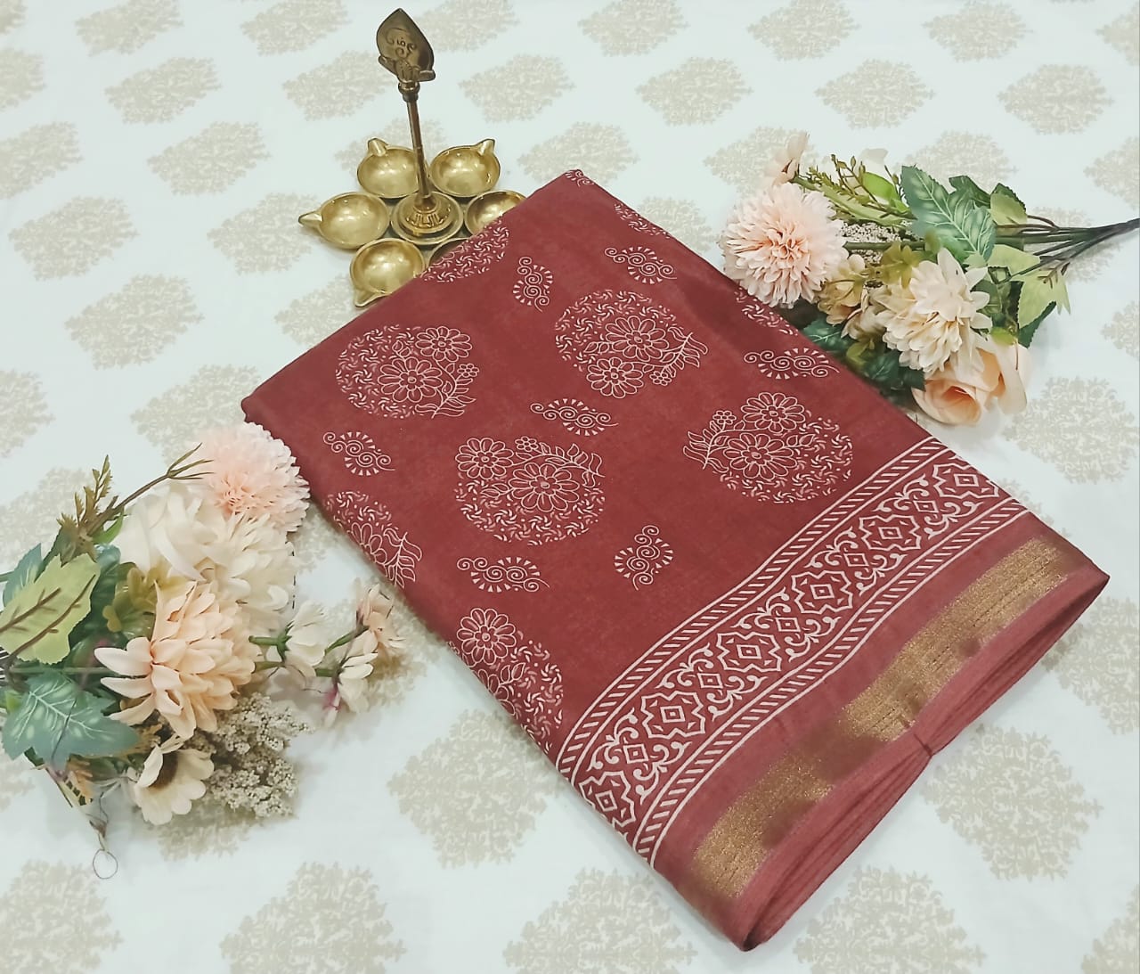 Wine Blossom Doriya Hand Block Print Saree