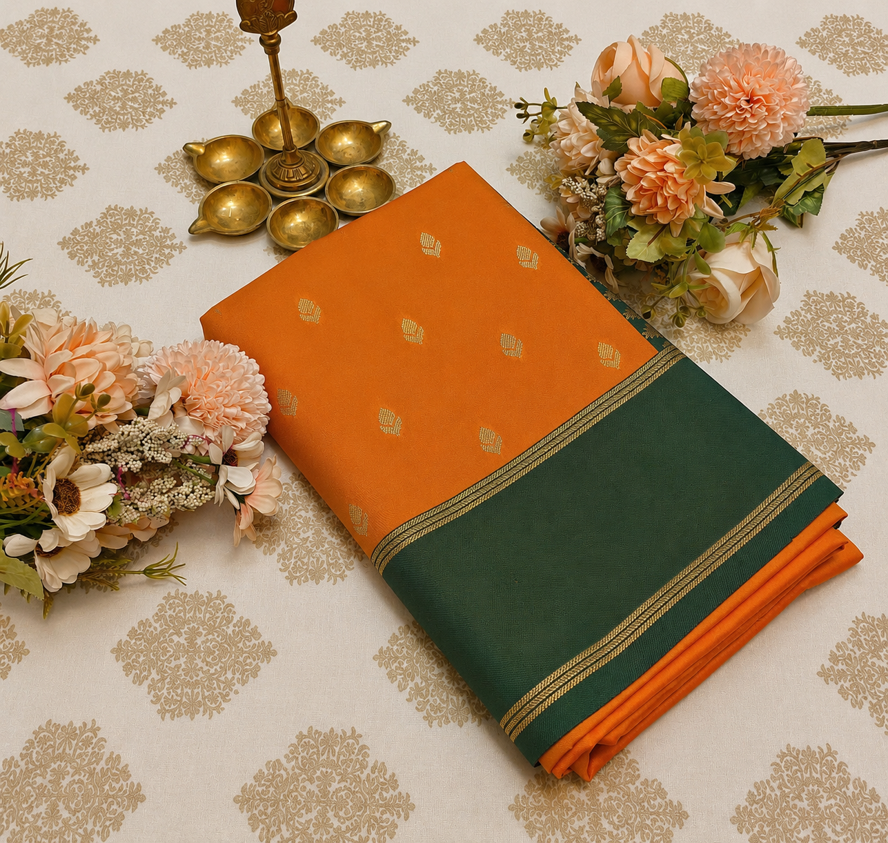 Semi Silk Saree with Gold Buttas & Contrast Green Border