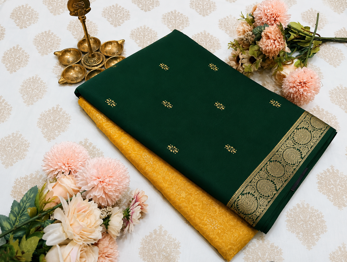 Yellow–Green Dual Tone Chiffon Saree with Floral Designer Pallu