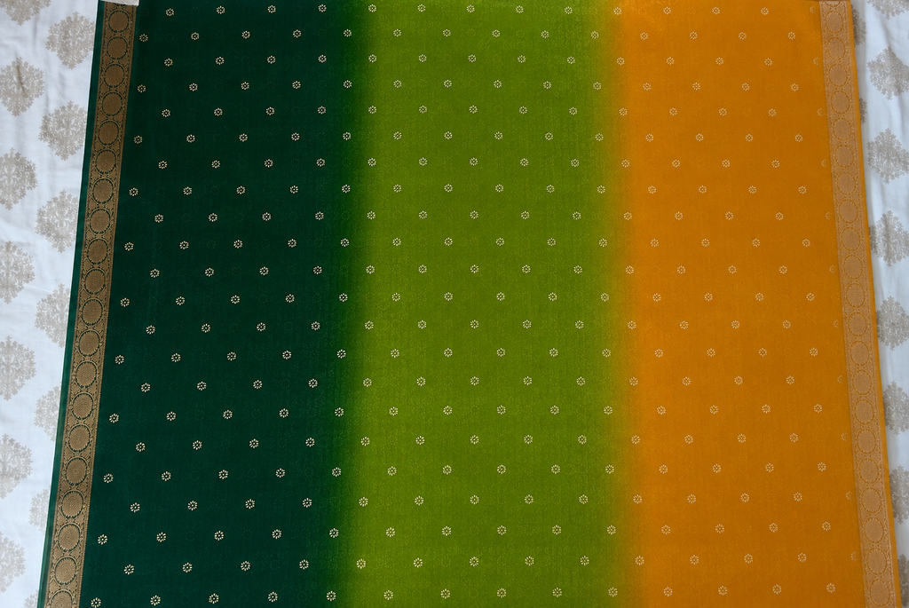 Yellow–Green Dual Tone Chiffon Saree with Floral Designer Pallu