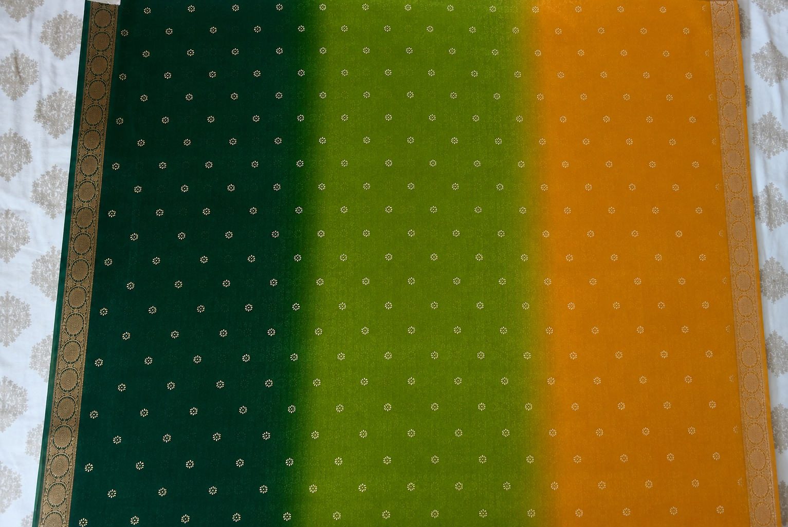 Yellow–Green Dual Tone Chiffon Saree with Floral Designer Pallu