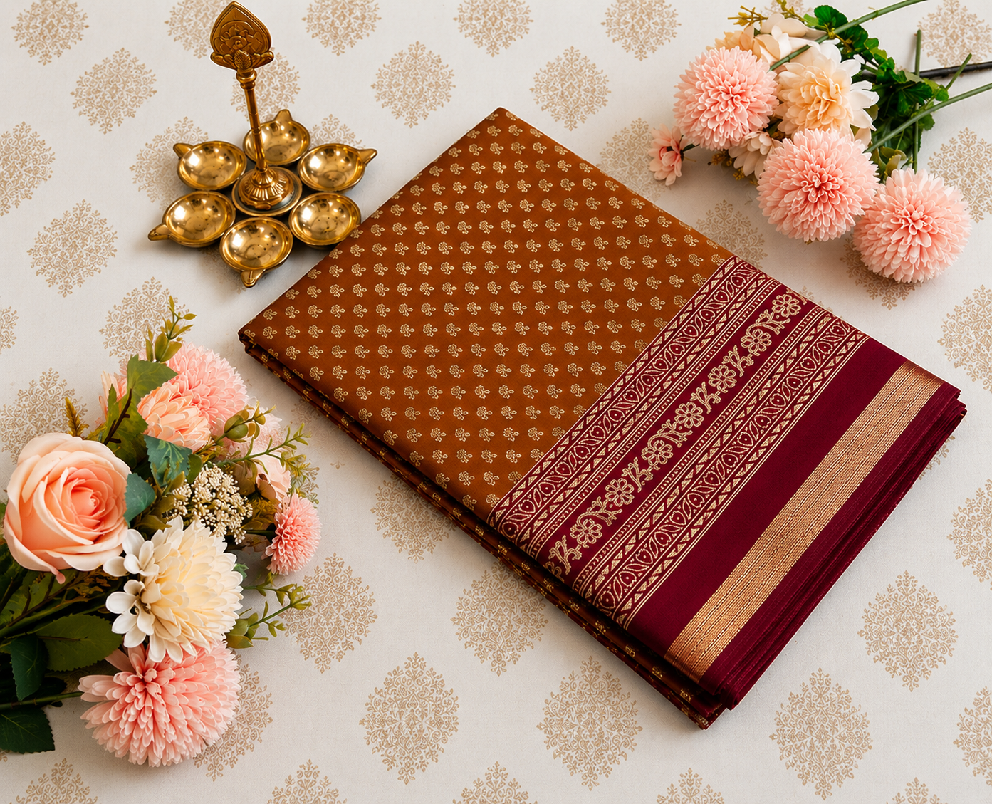 Elegant Mustard Brown Saree with Vibrant Maroon Border 🤎❤️✨