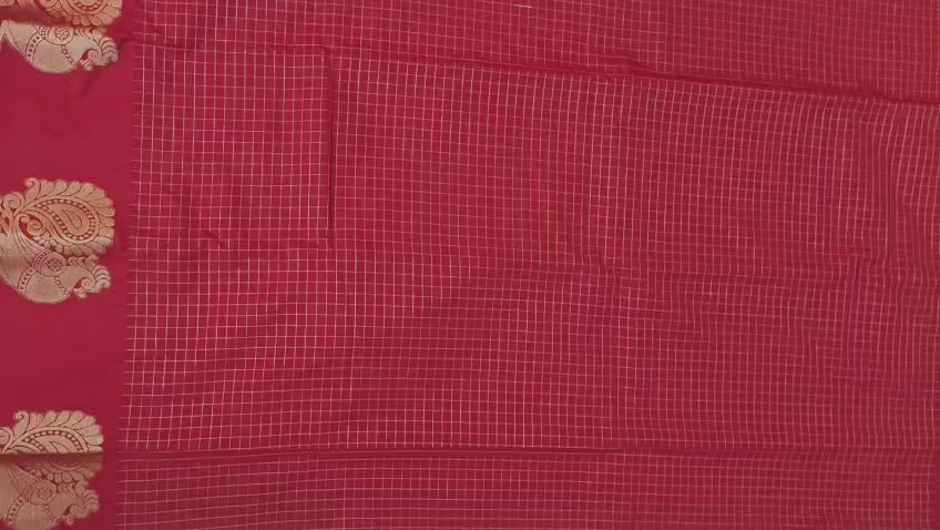 Deep Red Semi Silk Saree with Gold Checks & Peacock Zari Design