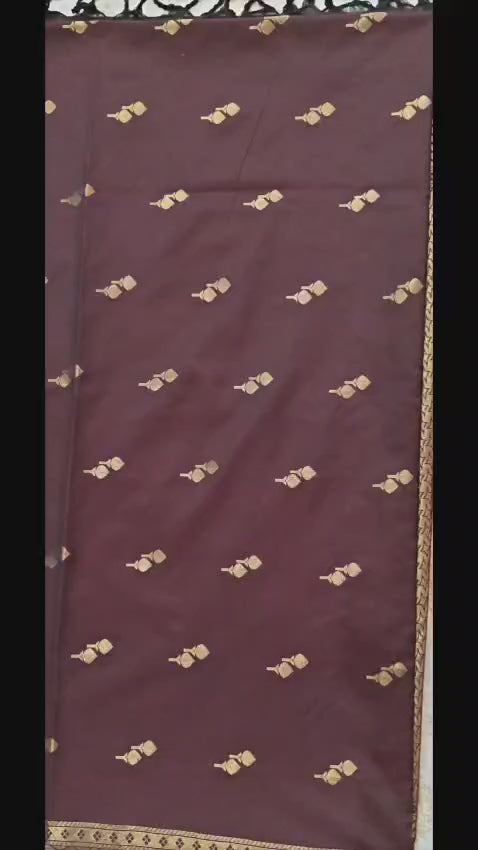 Coffee Brown Semi Silk Saree with Gold Buttas & Elegant Zari Border